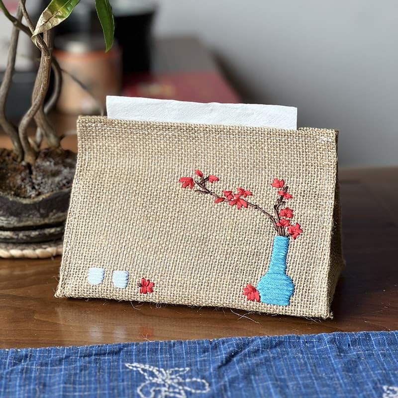 Vintage Handmade 3D Ribbon Embroidery Tissue Box, Lu Embroidery New Chinese Style Living Room Tea Room Tissue Cover Gift