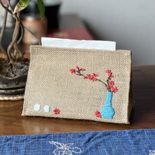 Vintage Handmade 3D Ribbon Embroidery Tissue Box, Lu Embroidery New Chinese Style Living Room Tea Room Tissue Cover Gift