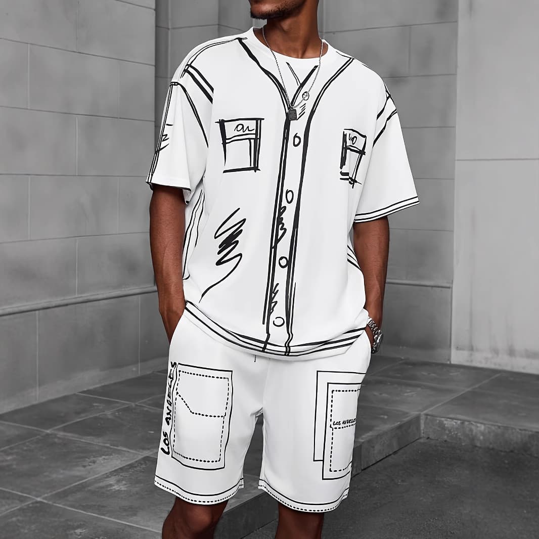 2025 Summer High Street Streetwear Hand-Painted Casual Graffiti Print T-Shirt Men's and Women's Retro Short Sleeve Shirt Shorts Set