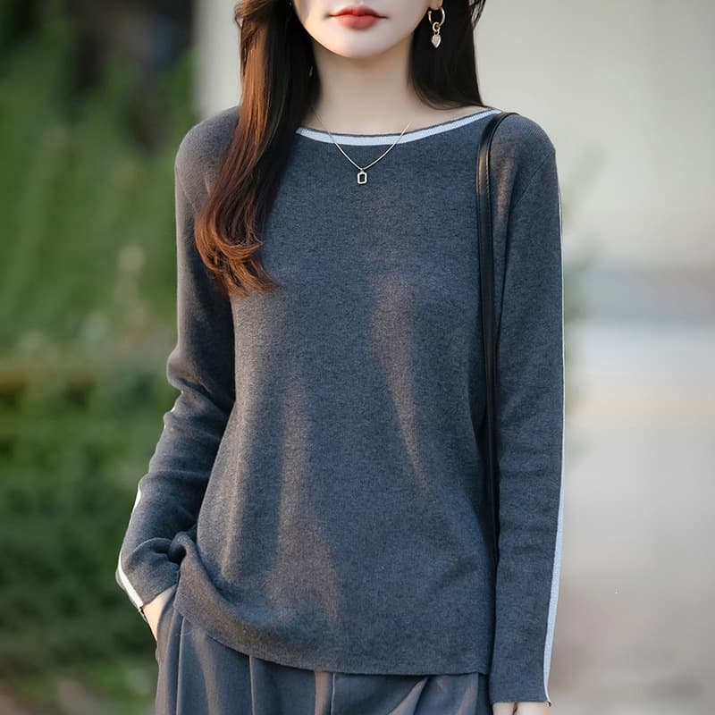 Fine imitation wool color-blocked one-neck sweater base layer spring, autumn and winter new loose pullover sweater for women