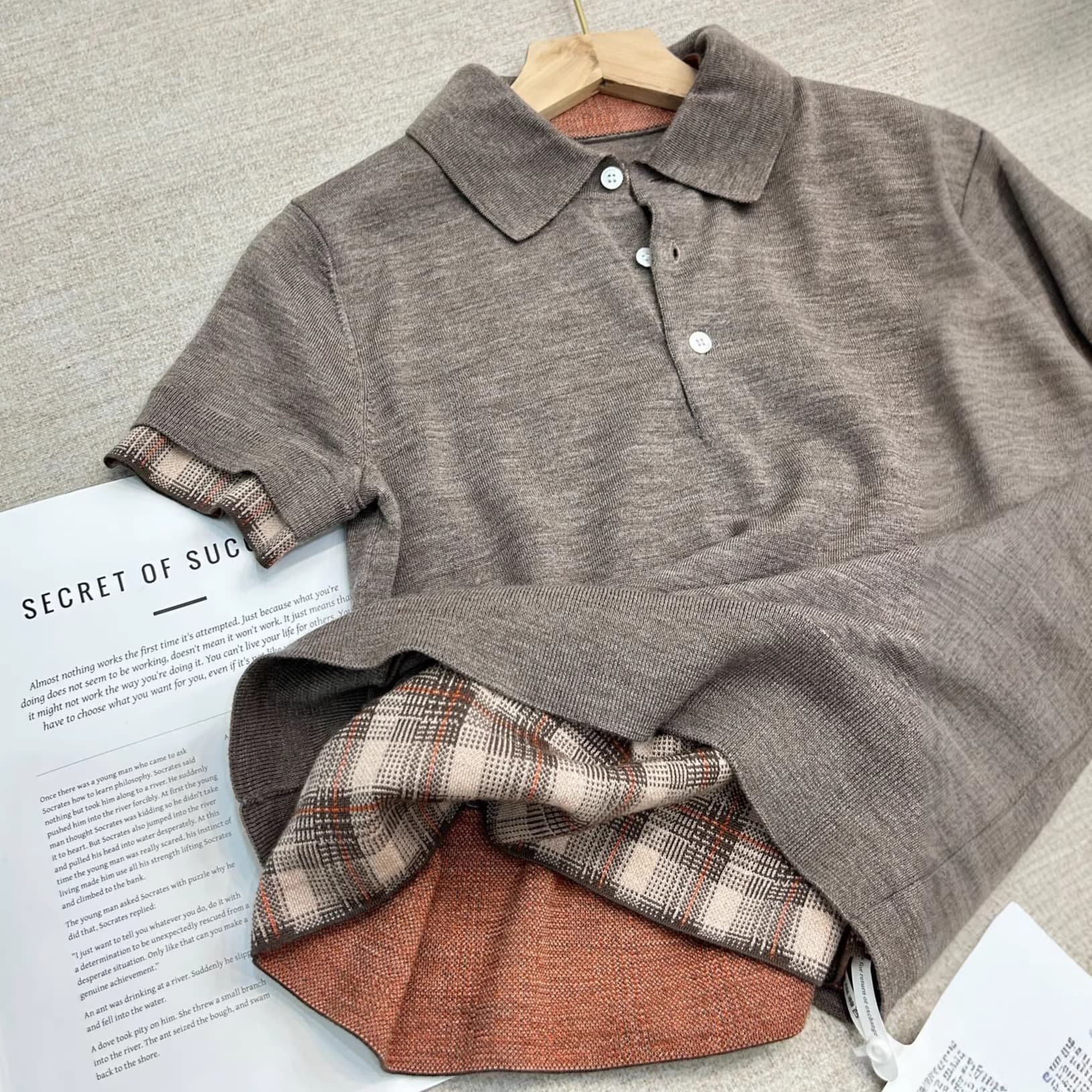 AC 26 Spring Niche Design Faux Two-Layer Polo Collar Plaid Patchwork Slim Fit Wool Knit Short-Sleeve Sweater