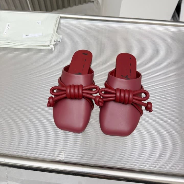 Summer LOEWE New Bow Square Toe Open Toe French Sandals for Women, Large Size, Genuine Leather Women's Toe Slippers