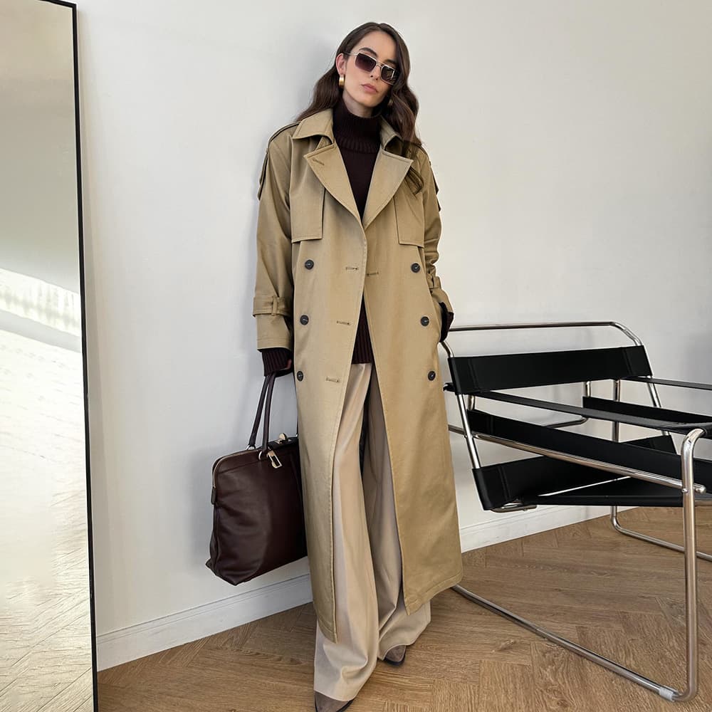 Cross-border extended length windbreaker jacket European and American 2026 autumn and winter pure cotton retro loose jacket lace-up waist windbreaker for women
