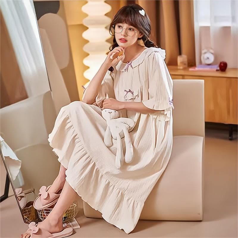 Women's Spring and Summer Short-Sleeved Nightgown, Thin, Cute, Sweet, College Style, Korean Ins, Loungewear, Wholesale