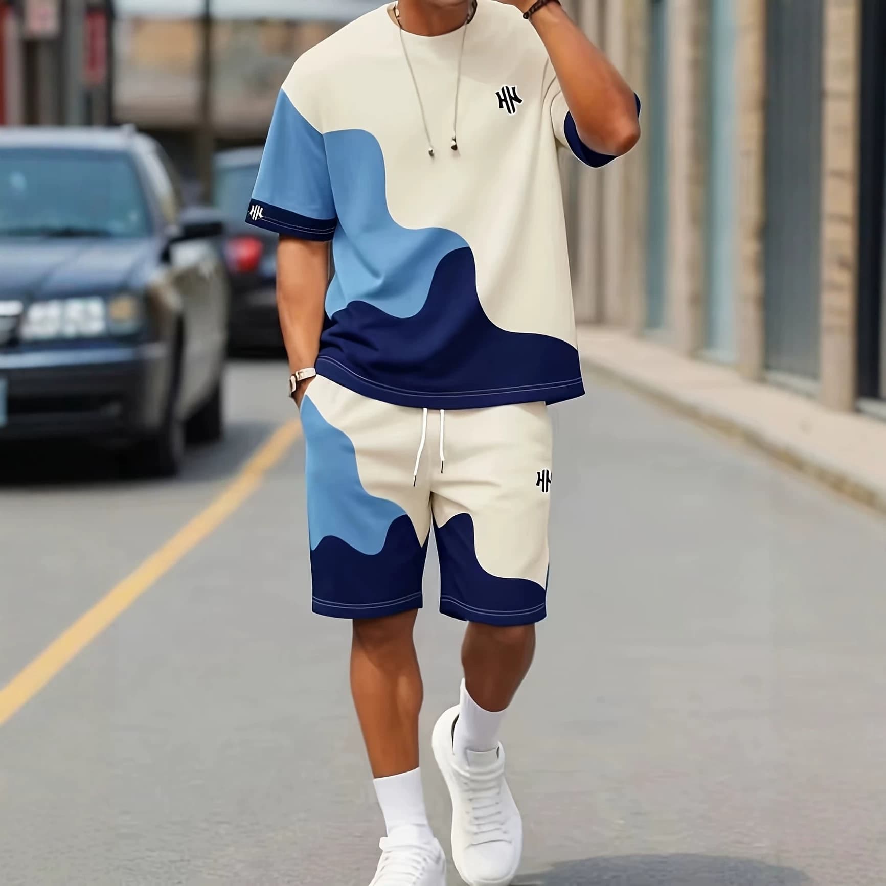 2026 New 3D Digital Print Casual Set, "HK" Letter Print, Viral Online, Can Be Worn as a Single Piece