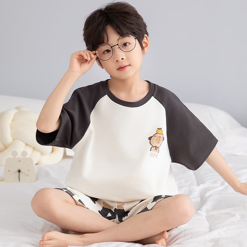 Children's Pajamas for Boys, Summer Short Sleeve Thin Cotton, Cute Kids' Homewear Set for Older Children