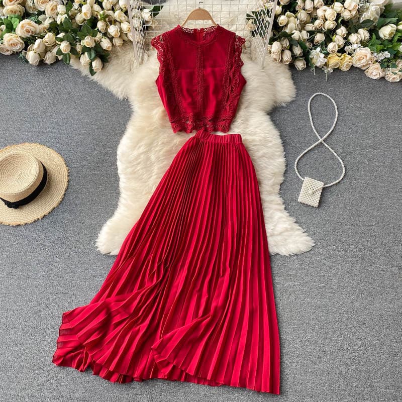 Beach Vacation Lace Top High Waist Slimming Pleated Chiffon Halftoon Skirt Two Piece Set Summer Women's Fashion