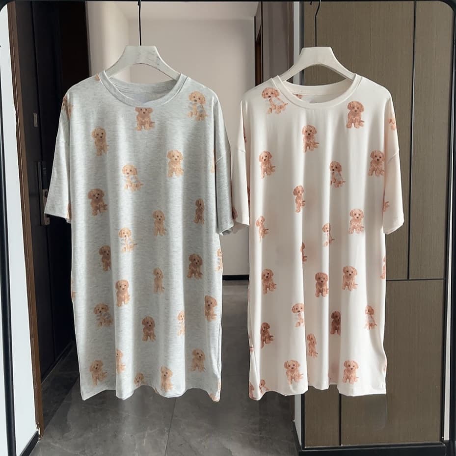Spring and Summer Soft Skin-Friendly Home Dress Women New Poodle Print Modal Short Sleeve Nightgown Women Short Skirt