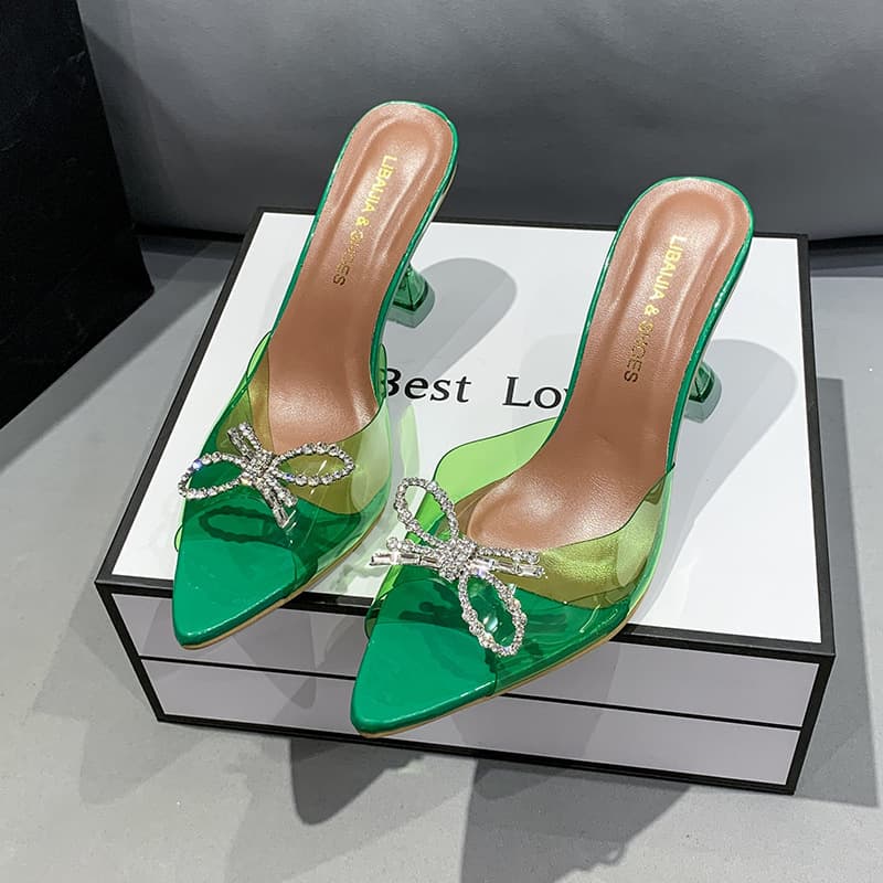 Thin Heel Sandals with Heel, Foreign Trade Butterfly Knot Crystal European and American One-Strap Pointed Toe High Heel Slip-On Sandals for Women