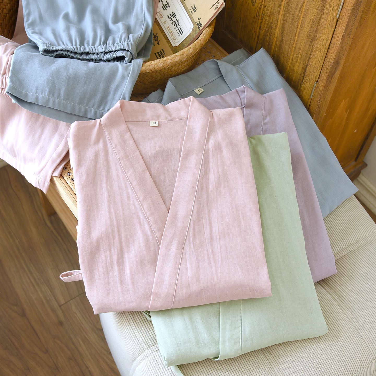 Summer Thin Cotton Double-Layer Gauze Kimono Pajamas for Women, Three-Quarter Sleeve, Full Cotton Cardigan, Long Pants, Suitable for Sauna, Guesthouse, Beauty Salon