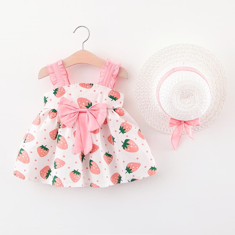 2025 Summer New Strawberry Bow Cotton Skirt Korean Style Cute Full Strawberry Dress Princess