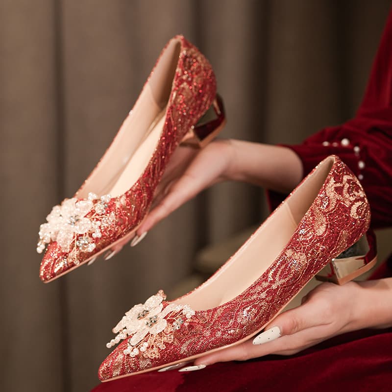 2026 New Style Banquet Low Heel Shallow Mouth Red Xiuhe Wedding Shoes, Pointed Toe Bride Shoes Sexy Fashion Low Heel