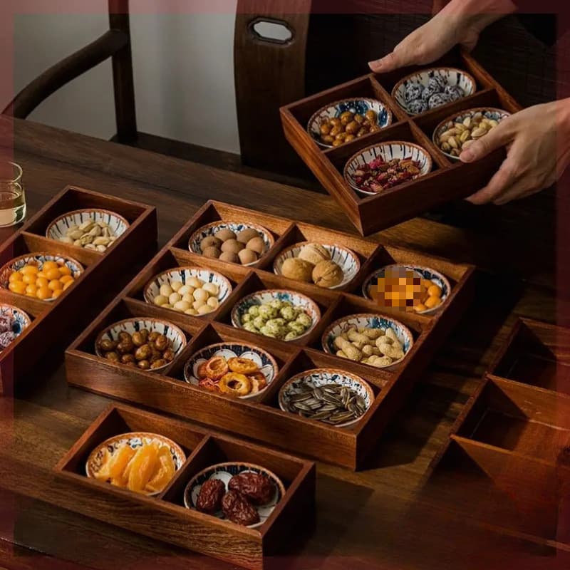 Retro Color Nine-Square Grid Household Wooden Tray Four-Square Grid Snack Nut Plate Tea Room Club Dessert Platter Other