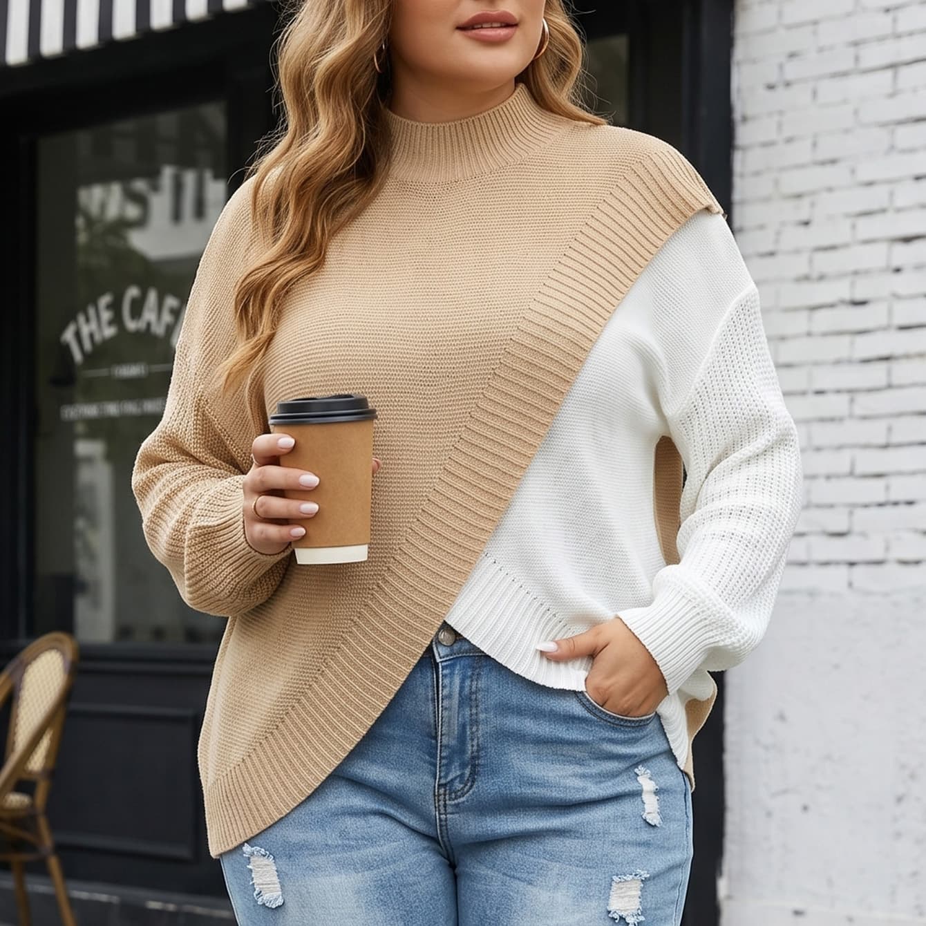Women's autumn and winter tops cross-border European and American plus size women's clothing contrasting color stitching cross woven sweater half turtleneck pullover sweater