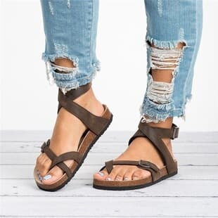 Wish Amazon 2025 Summer European and American Plus Size Sandals Cork Roman Toe Strap Buckle Wrap Sandals Women