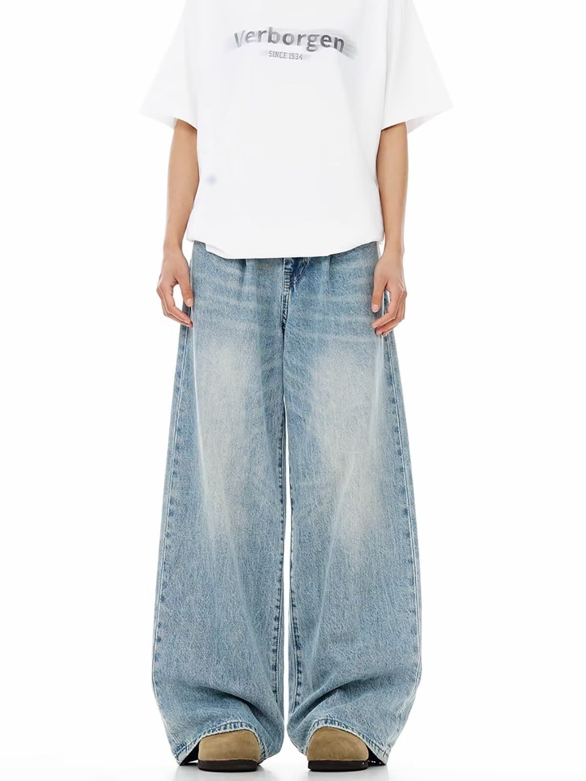 Cross-border Washed Vintage Design Blue Jeans for Men, Distressed American-style Drooping Loose Wide-leg Pants