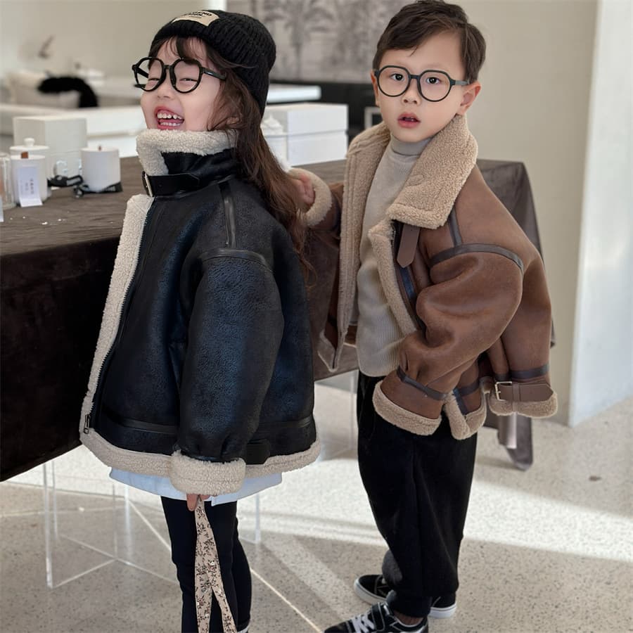 Parent-Child Set" Children's Winter Fleece-lined Thick Fur Leather New Gold-stamped Suede Warm Coat