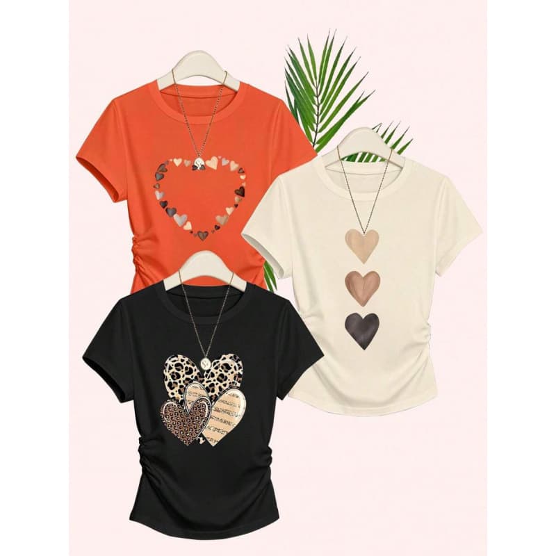 Cross-border Pure Cotton Butterfly Heart Slim Fit T-Shirt for Women, Khaki Short Sleeve, Niche Ins Style Sweet Women's Top