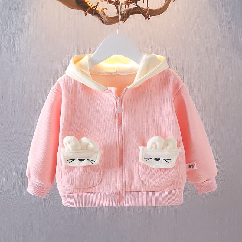 6-12 Months Baby Girl Hooded Cartoon Jacket, Toddler Fall Fleece-Lined Coat