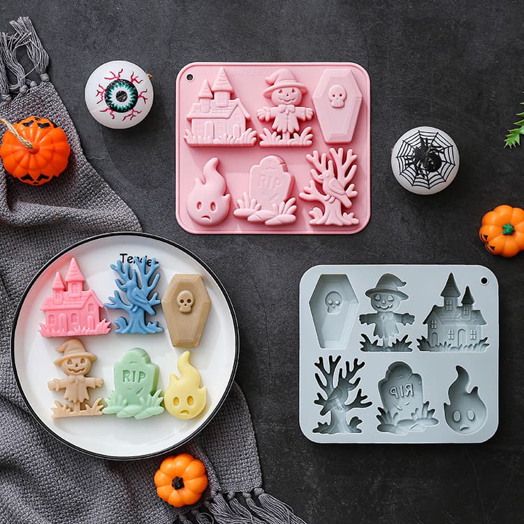 In Stock 6-Pack Silicone Mold for Halloween Scarecrow, Tombstone, Castle and 4 Other Designs, Epoxy Resin & Cake Mold