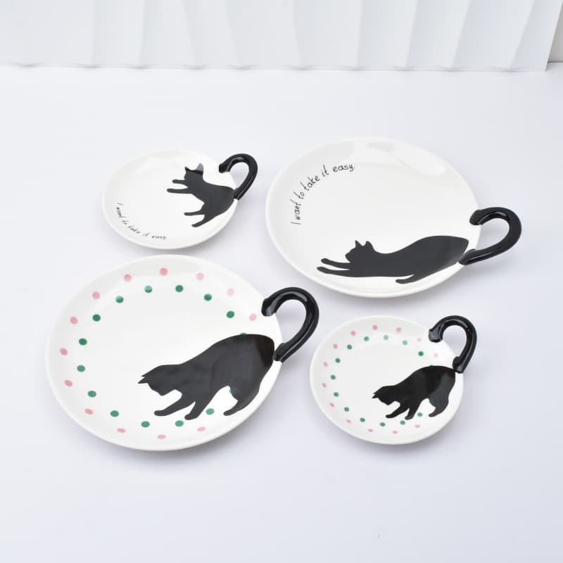 Japanese Calico Cat Ceramic Cat Tail Plate Breakfast Plate Home Dining Plate Cake Dish Black Cat Plate Restaurant Steak Plate