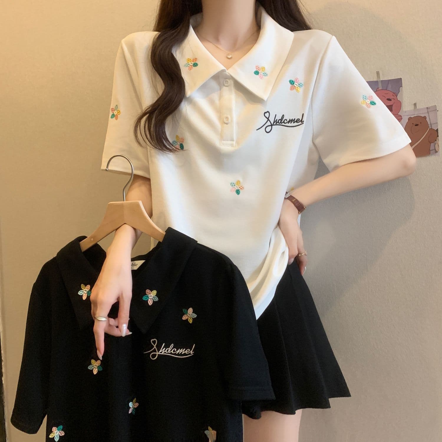Plus-Size Floral Embroidery Polo Collar Top for Women, Summer 2026 New Style, Loose Fit, Slimming for Plus-Size Women