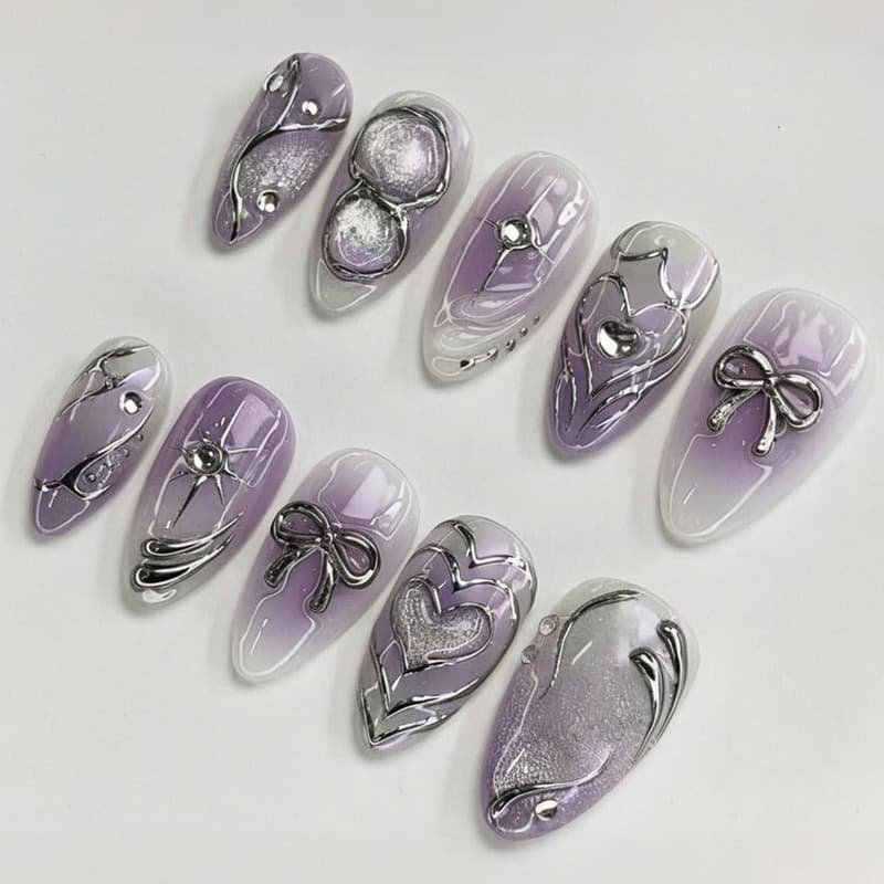 Cross-border Purple Gradient Press-on Nails, Bow Almond-shaped False Nail Tips, Hot-selling in Europe and America, Wholesale