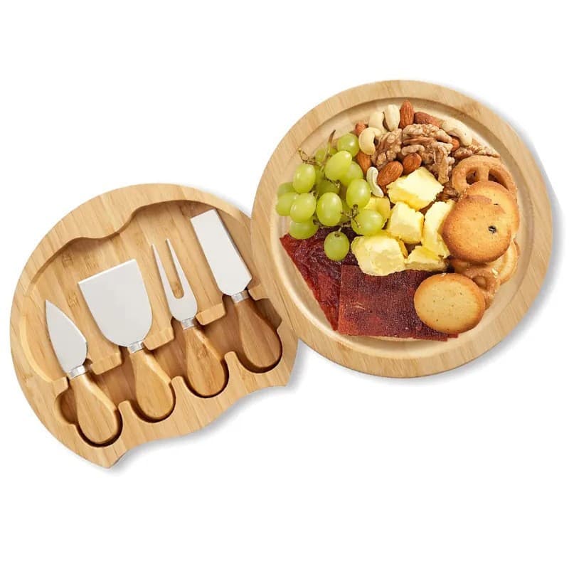 Rubber Wood Round Cheese Board with Cheese Knife Set, Home Cheese Cutting Board, Rotatable Pizza Board