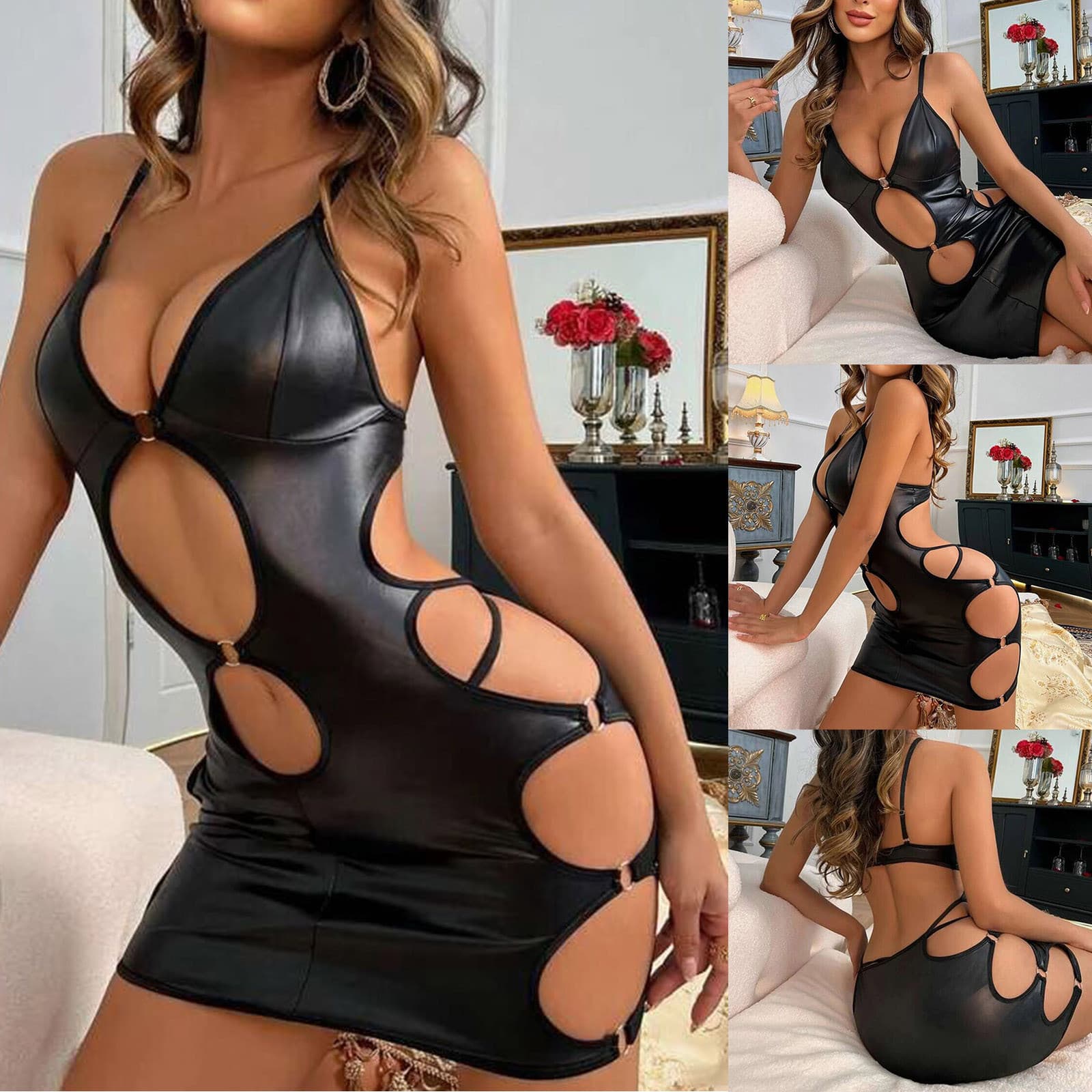 Foreign trade supply European and American new sexy lingerie sexy women patent leather hollow suspender skirt tight skirt sexy suit