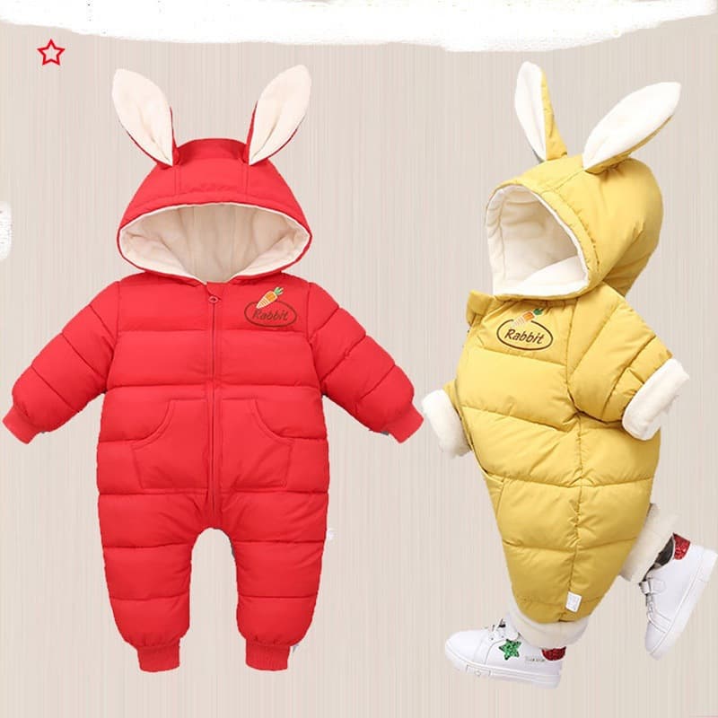 Infant One-Piece Down Cotton Suit Thickened Fleece Newborn Romper Hooded Cartoon Warm Jumpsuit Crawling Clothes