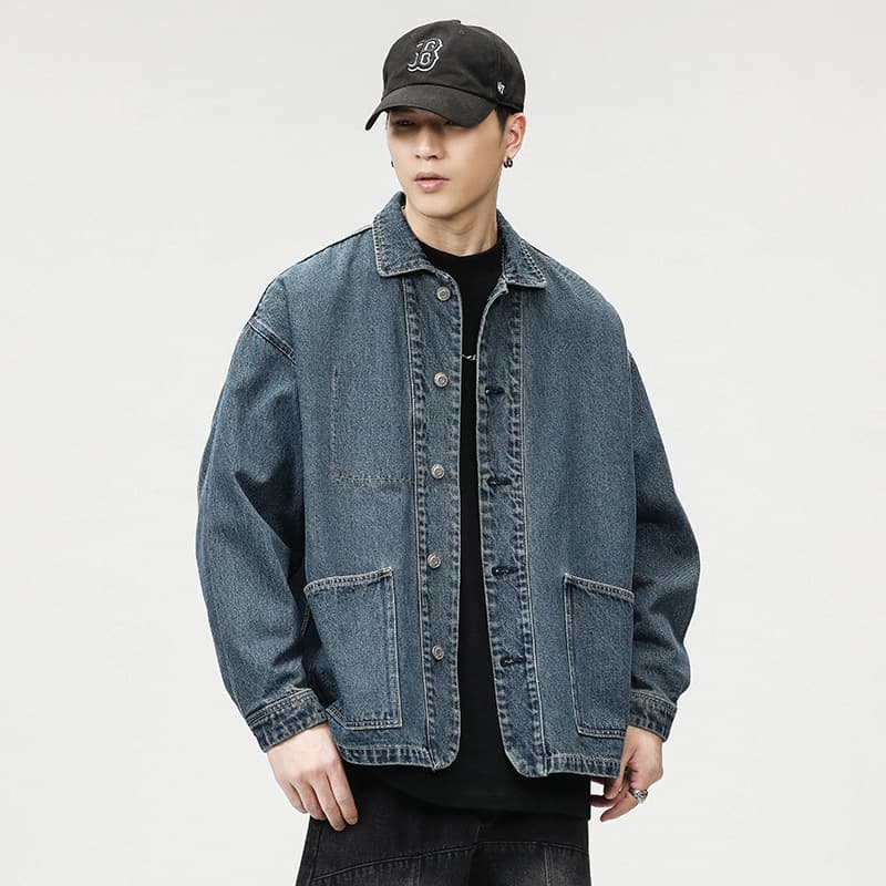 2024 Spring New Casual Denim Jacket for Men Washed Distressed Micro Loose Large Patch Pocket Unisex Style Couple Outerwear