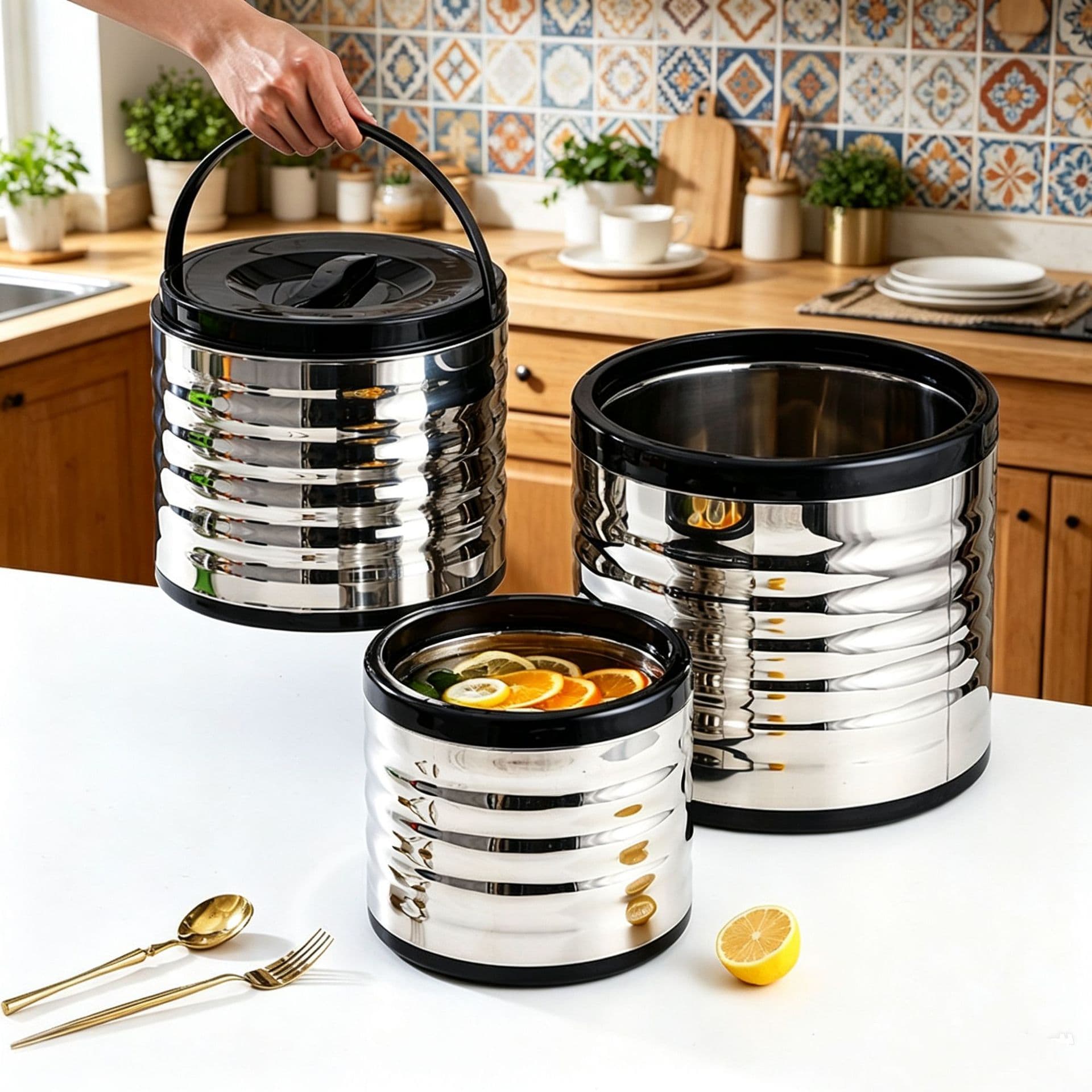 Cross-border Direct Supply Stainless Steel Insulated Pot Large Capacity Commercial Lunch Insulated Carrier Pot 3-Piece Set Food Insulated Bucket