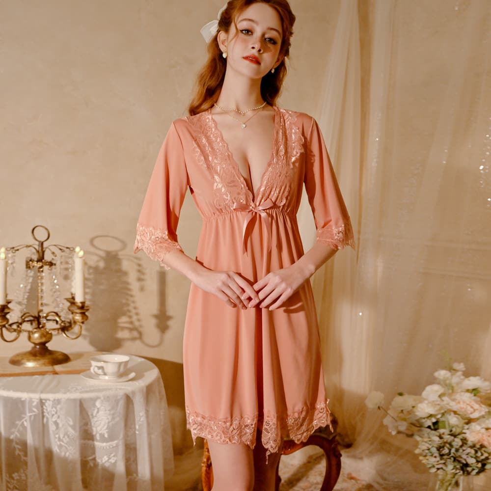 High-End Sexy Lingerie Solid Color V-Neck Nightgown Sleepwear Women's Charm Dress Lingerie 720