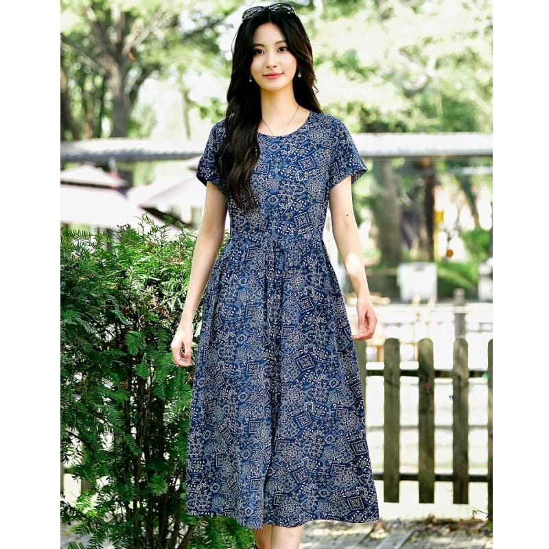 2026 summer new casual printed lace-up waist slimming pure cotton short-sleeved dress travel vacation long skirt for women