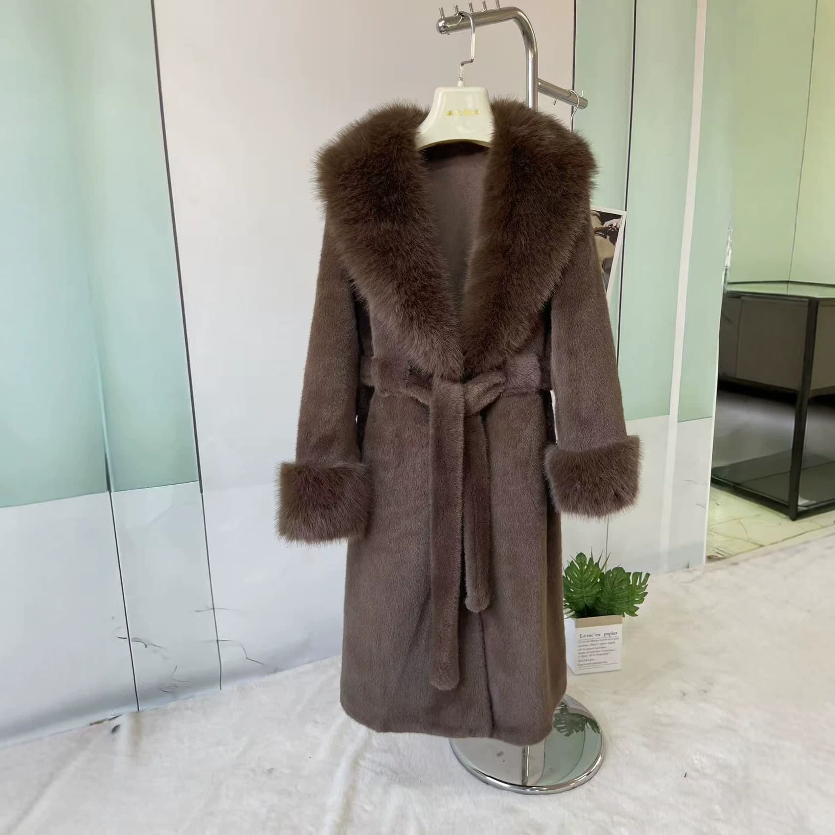 New Long Faux Mink Fur Coat with Large Fur Collar, Tie-Waist Winter Outerwear, Luxury Faux Fur Overcoat for Cross-Border Sales