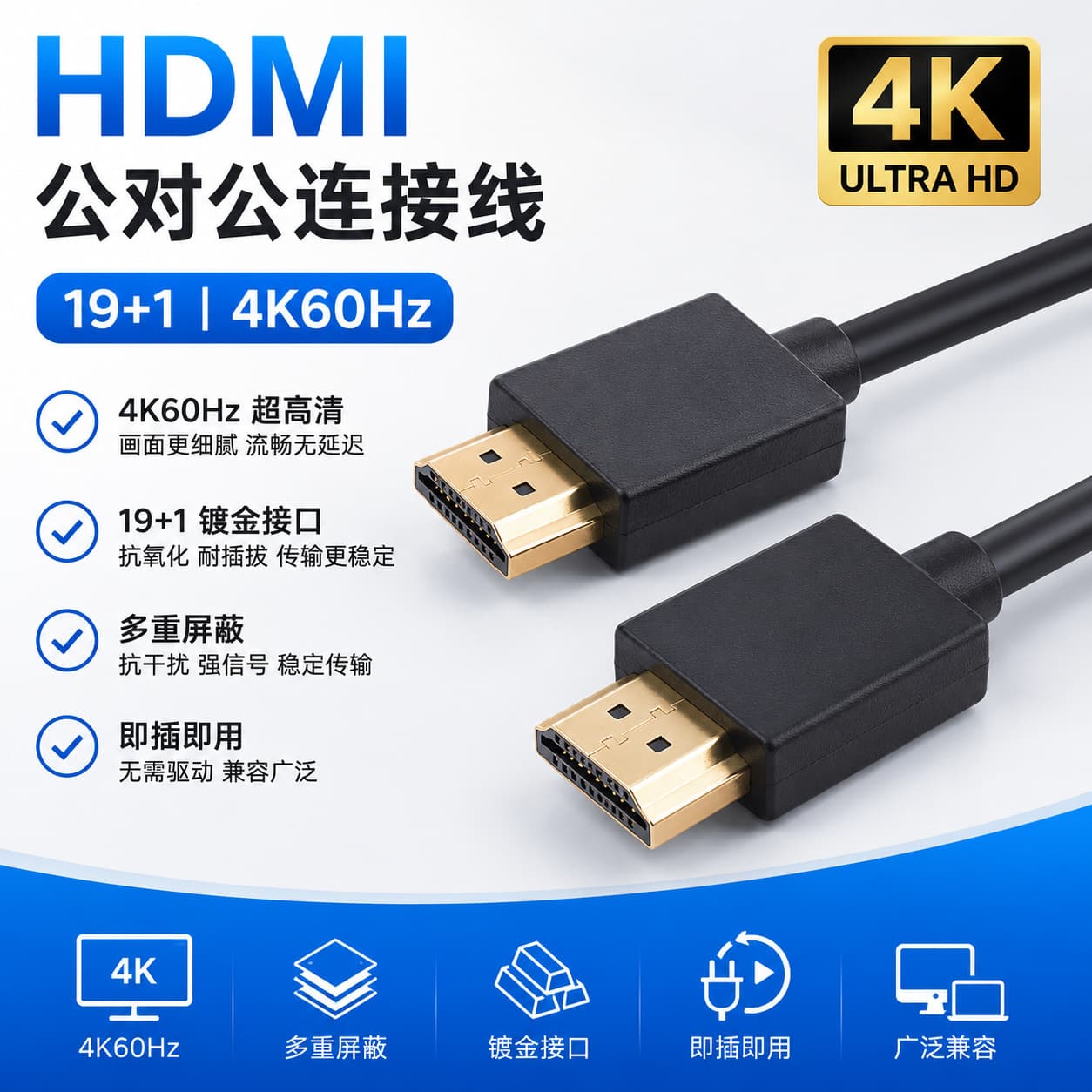 HDMI High-Definition Cable Male to Male 19+1 4K HDMI 2.0 Cable for TV, Computer, Set-Top Box, Slim Design, Supports 4K