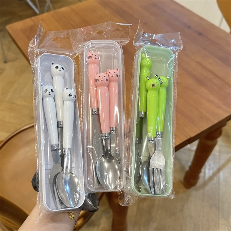 Creative Stainless Steel Portable Utensils, Cartoon Style Imitation Ceramic Handle Three-Piece Set, Student Gift