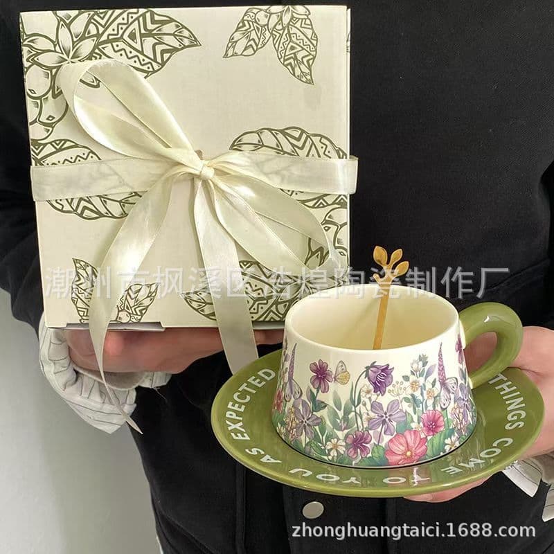 Retro American Ceramic Coffee Cup and Plate Afternoon Tea Mark Cup Green Bellflower Oil Painting Vintage Style Home Decor