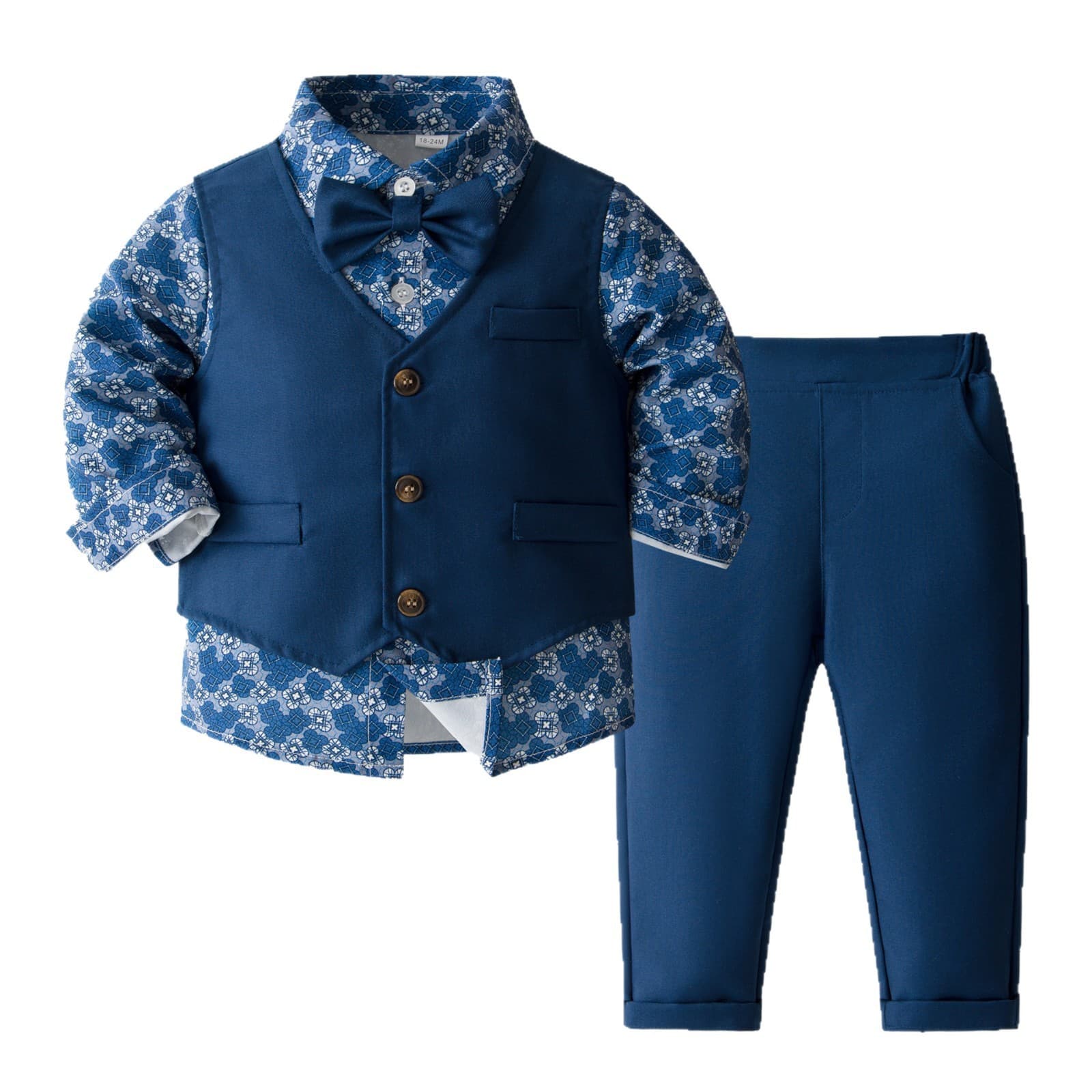 Boys' three-piece gentleman's dress, navy vest, floral shirt, trousers, first-year party performance clothing