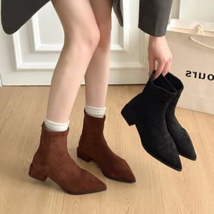 2026 New Fall/Winter Pointed Toe Short Boots Women Suede Boots Square Heel Martin Boots Low Heel Short Boots Elastic Slim Boots