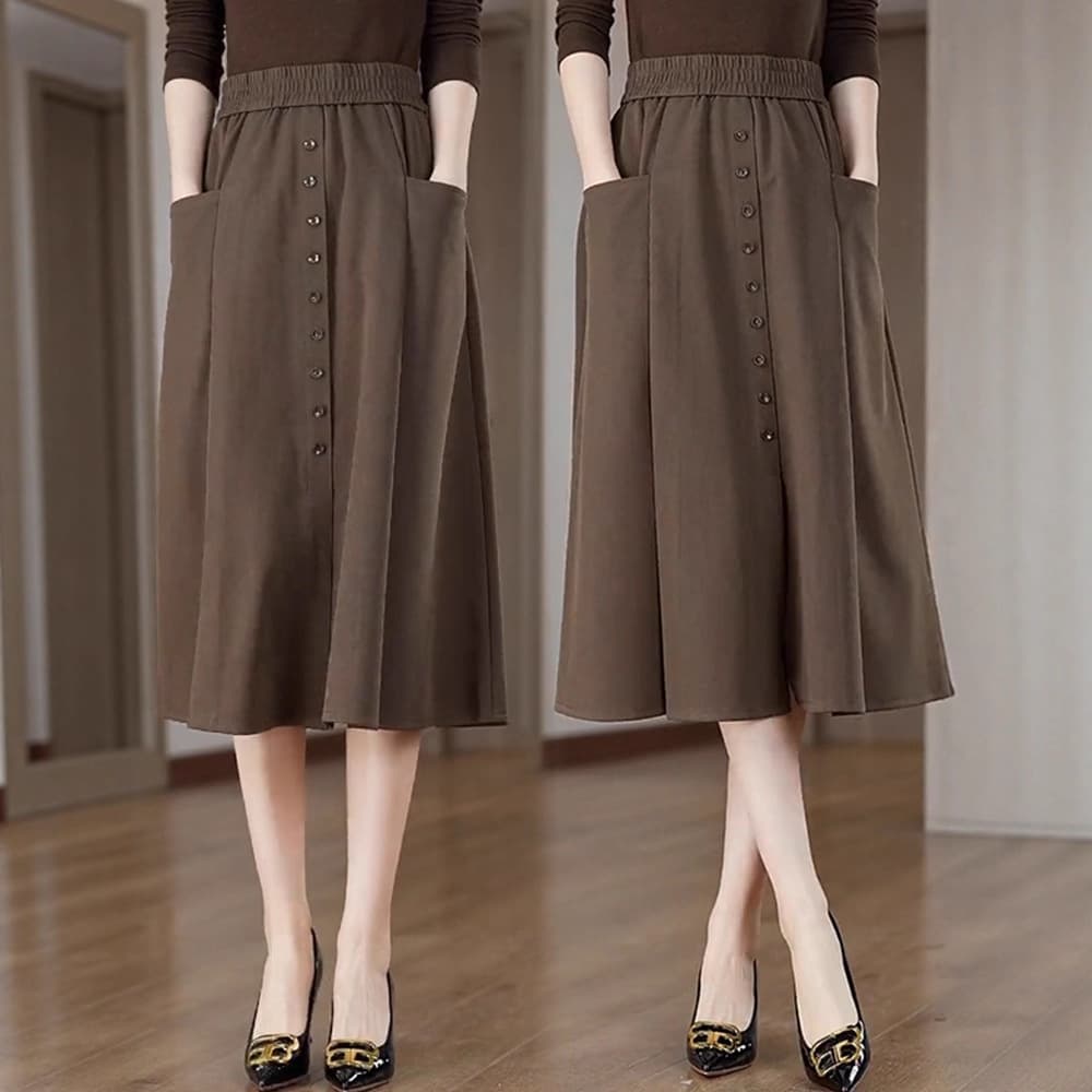 Imported midi skirt for women, 2025 spring/autumn new style, elastic high-waist A-line umbrella skirt with a loose, casual flare.