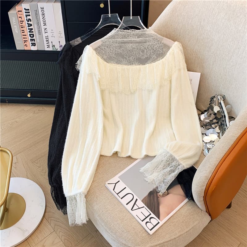 Lace-trimmed mink fleece shirt, French style top, new autumn/winter 2025 women's base layer long-sleeved blouse.