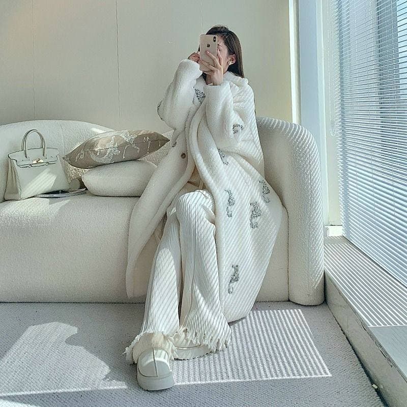 Teddy Bear Coat for Women, High-End Luxury Heavy Embroidery with Rhinestones, Oversized Faux Fur Mid-Length Thick Warm Jacket