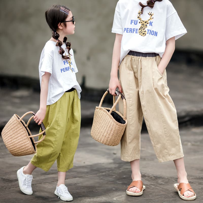Girls' Cropped Casual Pants 2022 Spring/Summer New Loose Trendy Sweatpants for Kids and Tweens Dad Style Pants