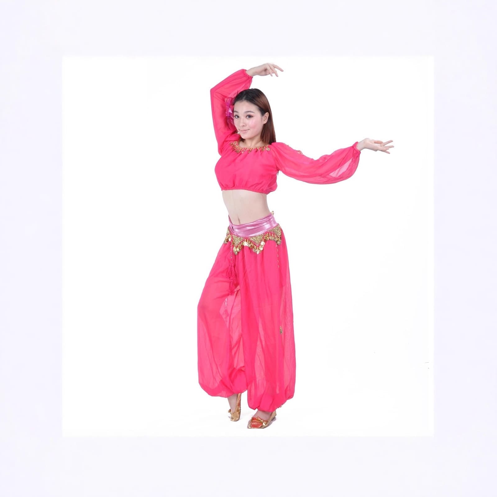 Belly Dance Set Lantern Long Sleeve Top with Ring Harem Pants, Practice Festival Event Indian Dance Performance Costume Set