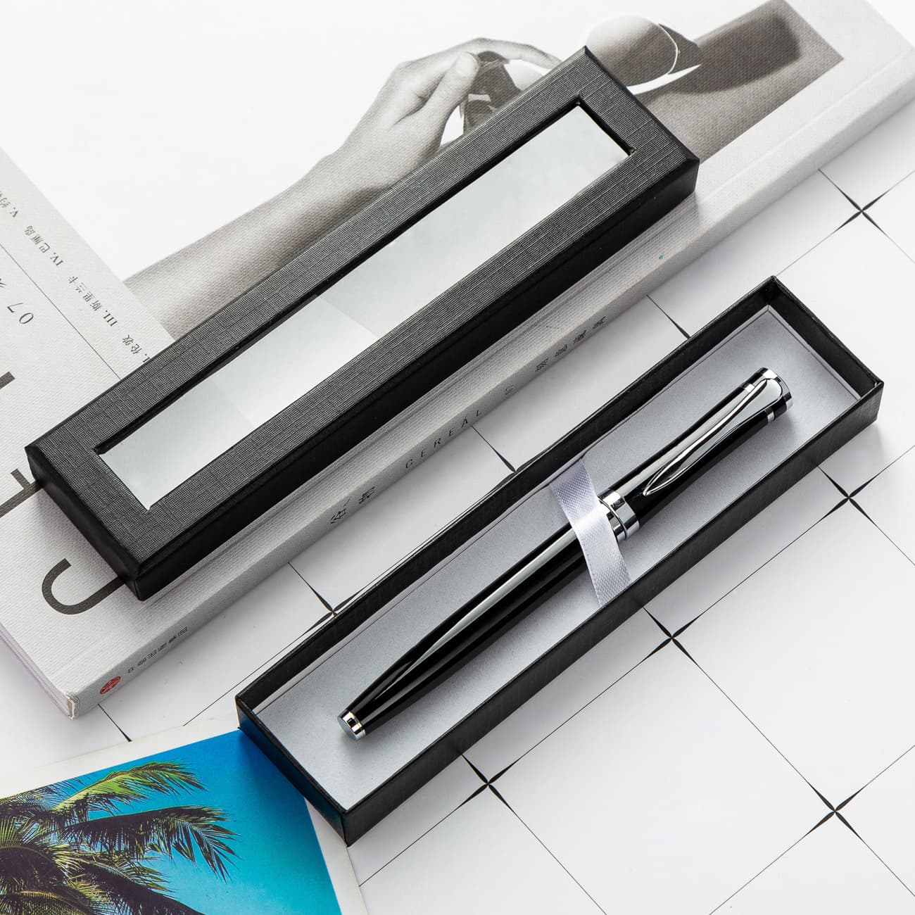 Pen box packaging printed gift heaven-and-earth lid, paper single pen ballpoint box, creative transparent window pencil case