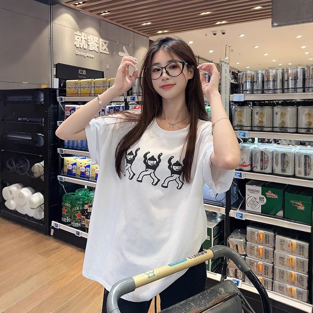 Cotton Short Sleeve T-Shirt Women Loose Style Ins Casual Print Half Sleeve Top Round Neck Basic Tee