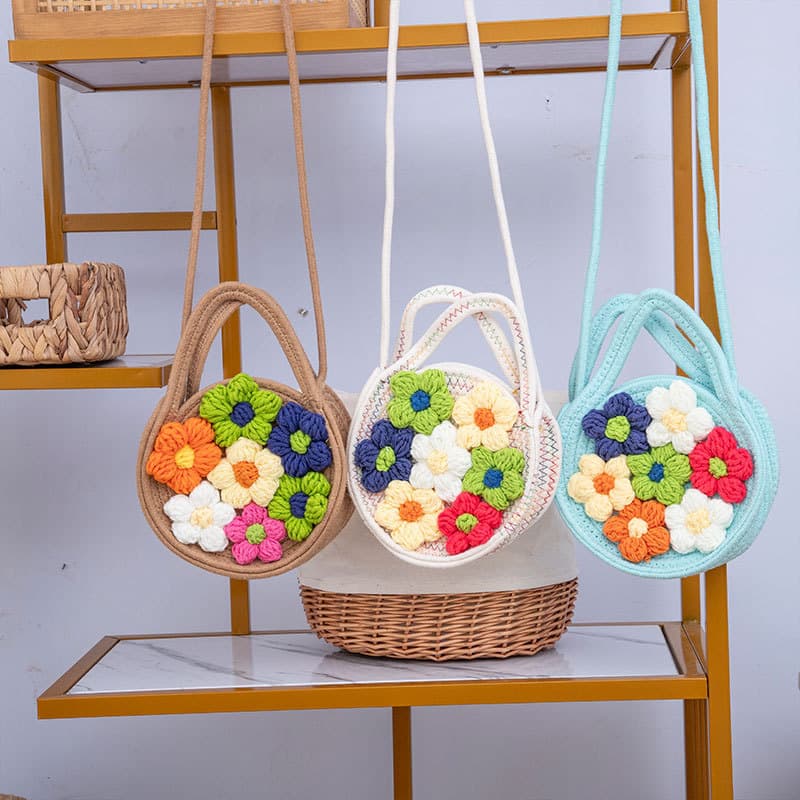 Woven Cotton Rope Handbag & Crossbody Bag for Women, Spring/Summer New Style, Solid Color, Fresh Vacation Handbag, Floral Design