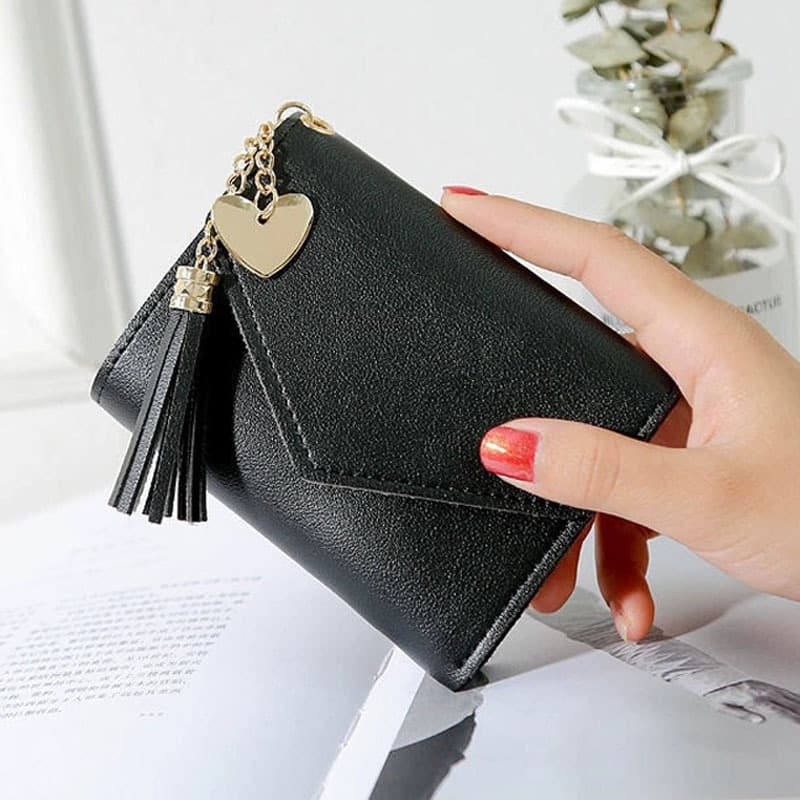 Korean Style Simple Tri-Fold Wallet for Women, Short New Mini Folding Purse with Tassel, Cute Small Wallet