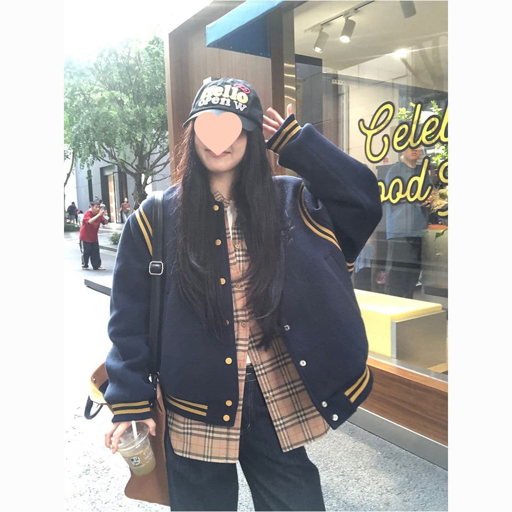 Academic style American retro baseball jacket women's spring and autumn versatile loose embroidered couple woolen jacket top